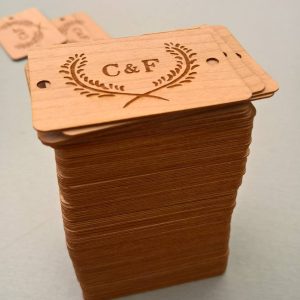 Stack of laser engraved wooden business cards