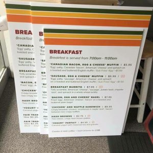 Large format menu signs printed on board